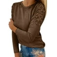thumbnail image 1 of Womens Tshirts Plus Size Round Neck Solid Color Hollow Out Lace Long Sleeved T Shirt Fashion Versatile Pullover Tshirt, 1 of 4
