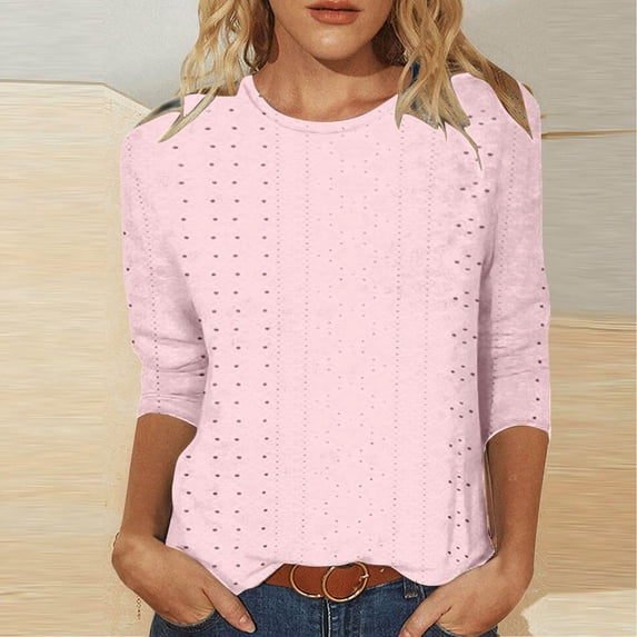 Womens Tshirts Solid Knit Breathable 3/4 Sleeve Round Neck Loose Fit Top Womens Blouse Pink L