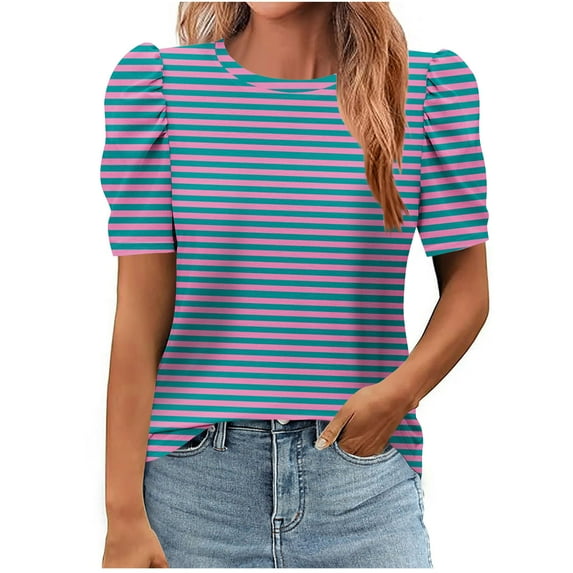 Womens Tshirts Summer Tops Cute Stripes Print Round Neck Tops Loose Short Sleeve T-Shirts Casual Loose Tunic Dressy Shirt Basic Office Work Blouse