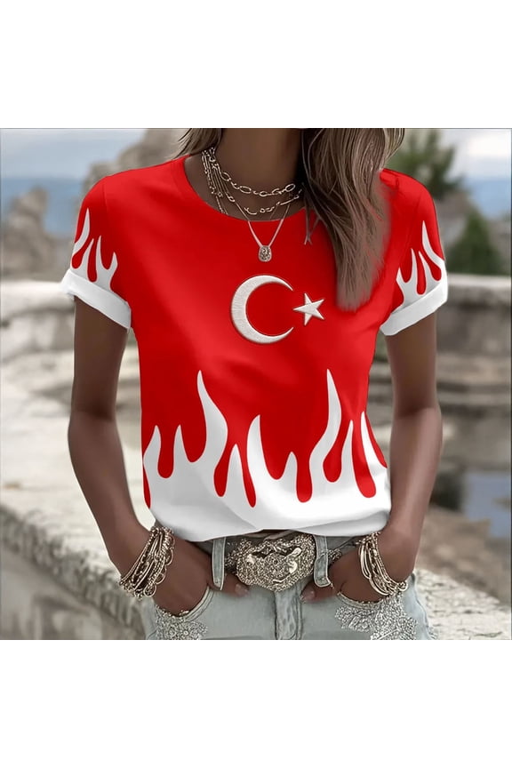 Womens Tshirts Turkish Flame Moon Print Crew Neck Short Sleeve Shirt Comfort Tees for Women White L