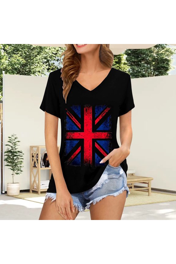 Womens Tshirts Union Jack Print Short Sleeve V Neck Basic Top Womens Tees Black L