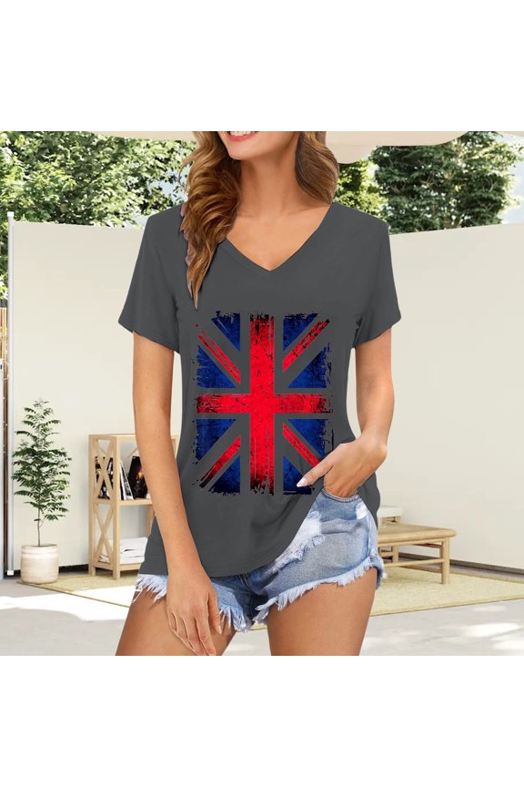 Womens Tshirts Union Jack Print Short Sleeve V Neck Basic Top Womens Tees Grey XL