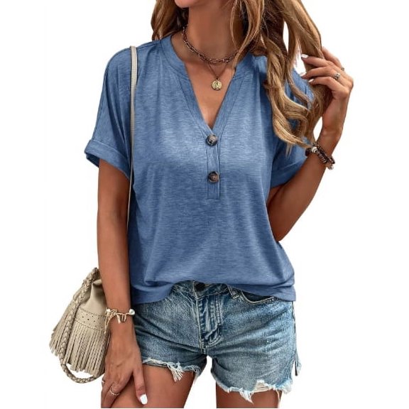 Womens Tshirts V Neck Short Sleeve Buttons Tops Tee Solid Color Blouse Loose Fit