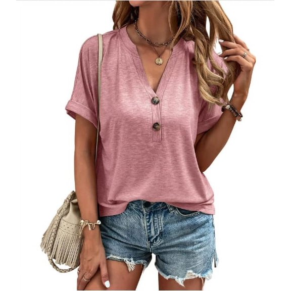 Womens Tshirts V Neck Short Sleeve Buttons Tops Tee Solid Color Blouse Loose Fit