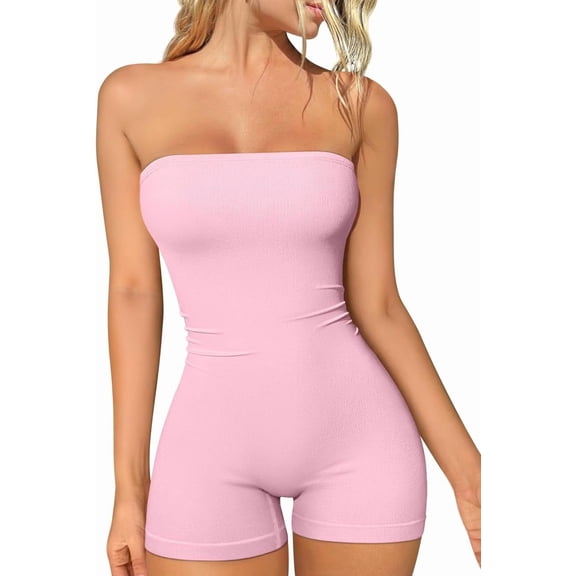 Womens Tube Rompers Summer Strapless Basic Sleeveless Ruched Stretch Classic-Fit Sexy Rompers 2025