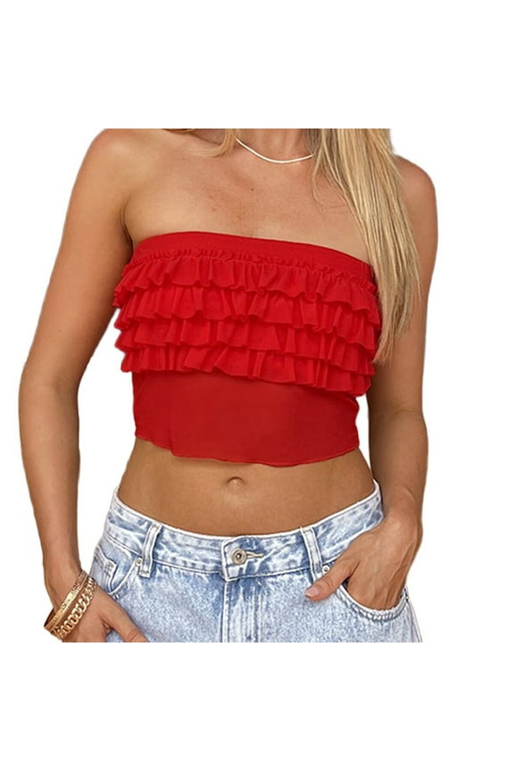Womens Tube Top Summer Ruffle Strapless Crop Tops Basic Tank Casual Sleeveless Shirt Red M