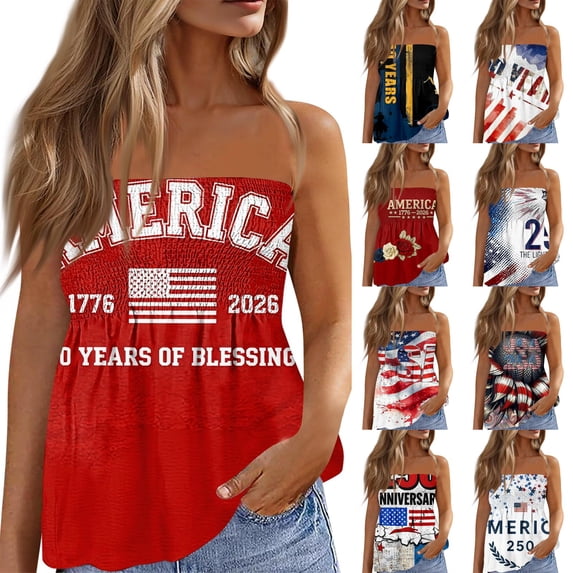 Womens Tube Tops Strapless Bandeau Tops Backless Sexy Tank Tops Smocked Ruffled Backless Tanks American Flag Shirt Cute Summer Style Beige L