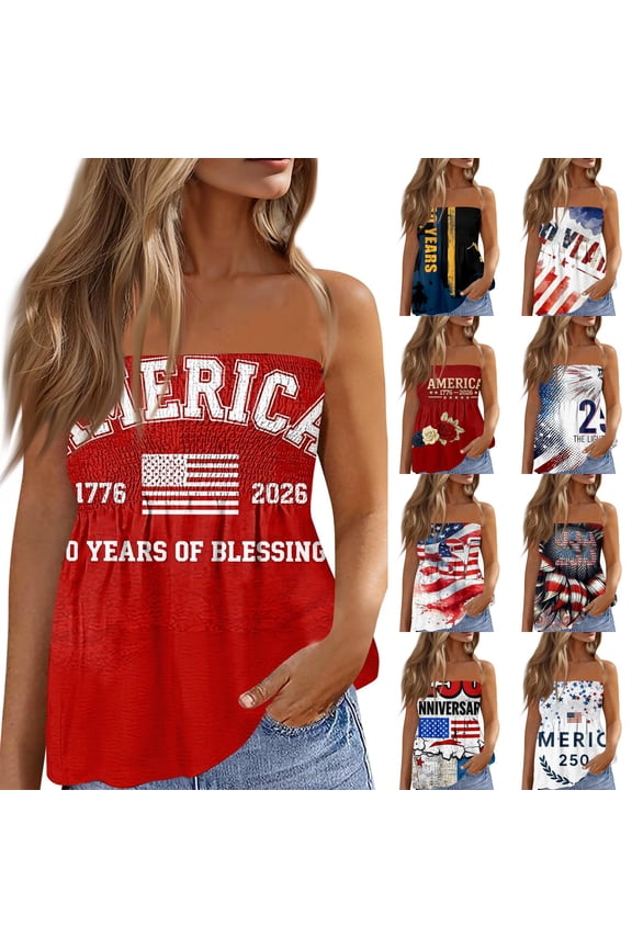 Womens Tube Tops Strapless Bandeau Tops Backless Sexy Tank Tops Smocked Ruffled Backless Tanks American Flag Shirt Cute Summer Style Red XXL