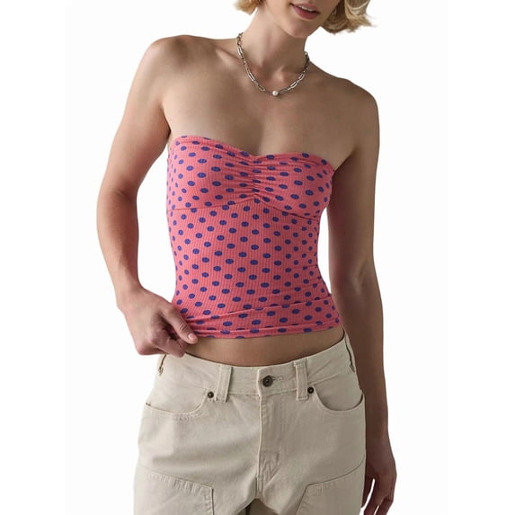 Womens Tube Tops Strapless Bandeau Tops Slim Fit Summer Going Out Tank Tops Pink Polka Dots S