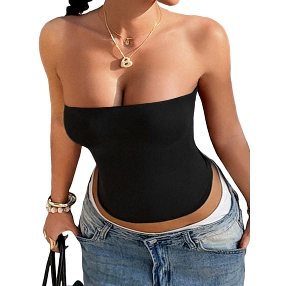 Womens Tube Tops Strapless Crop Tops Basic Backless Sleeveless Going Out 2026 Spring Summer Clothes Black XL