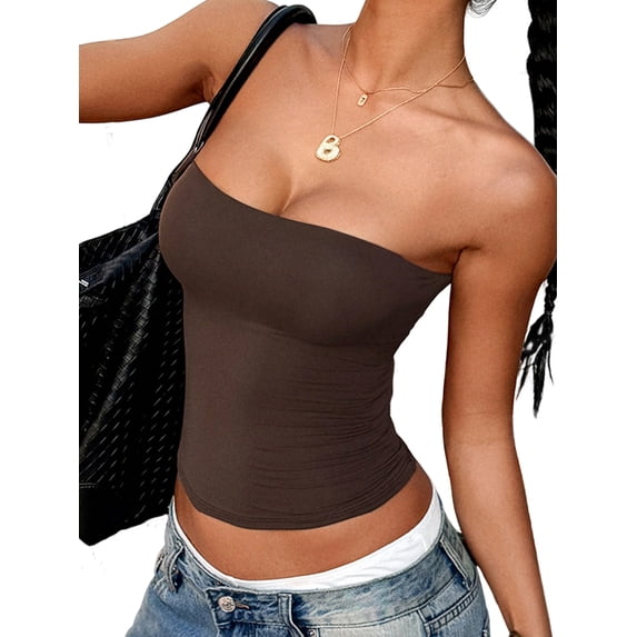 Womens Tube Tops Strapless Crop Tops Basic Backless Sleeveless Going Out 2026 Spring Summer Clothes Brown S