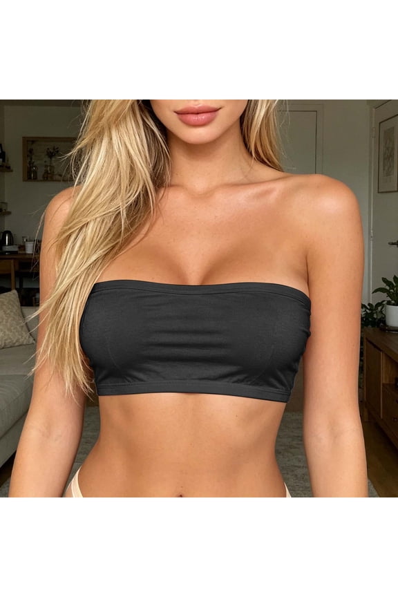 Womens Tube Tops Summer Bandeau Casual Crop Top Strapless Seamless Bandeau Tube top Non-Padded(Black,M)