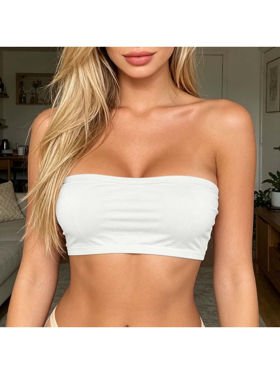 Womens Tube Tops Summer Bandeau Casual Crop Top Strapless Seamless Bandeau Tube top Non-Padded(White,L)