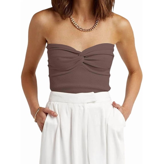 Womens Tube Tops Summer Outfits Beach Vacation Clothes Sweaters Strapless Sleeveless Tank Tops Brown L
