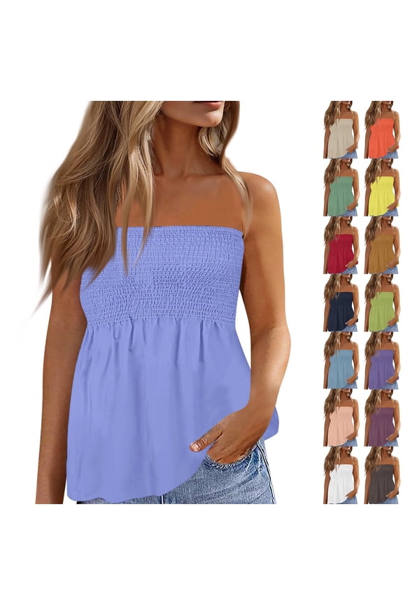 Womens Tube Tops Summer Strapless Bandeau Tank Casual Loose Tunic Sleeveless Shirts Off the Shoulder Flowy Blouses Purple M