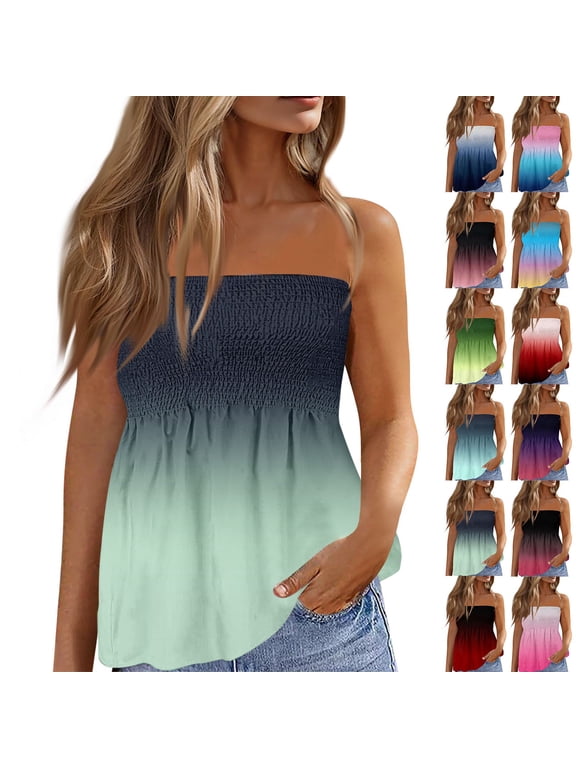 Womens Tube Tops Tie Dye Smocked Ruffled Strapless Tanks Backless Casual Bandeau Shirts Pink S