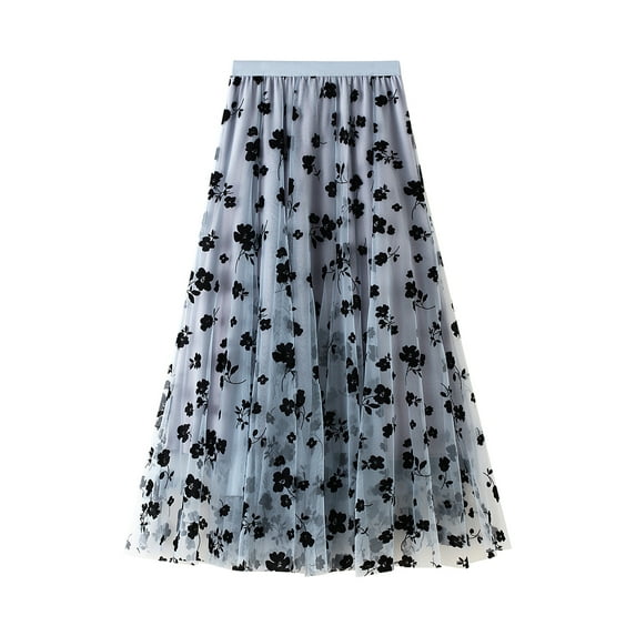 Womens Tulle Midi Skirts Mesh Elastic Waist Layered Floral Print A-Line Skirt