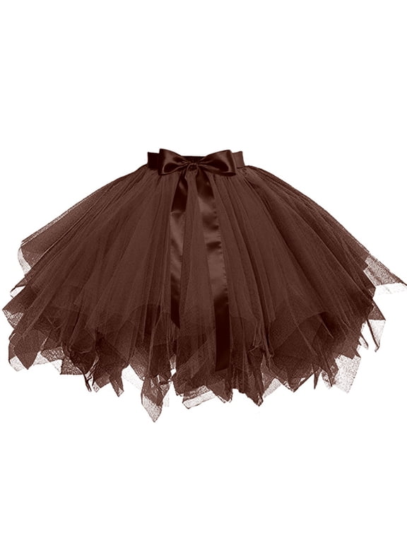 Womens Tulle Skirt Layered Tutu Skirt Tie Waist Solid Color Full Flared Petticoat