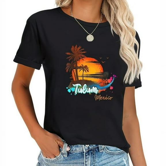 Womens Tulum Mexico Beach Summer Vacation Palm Trees Sunset Men T-Shirt