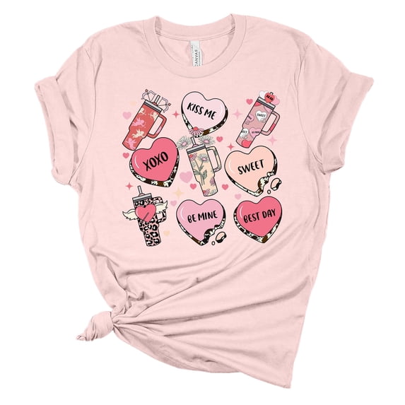Womens Tumbler Tshirt Valentines Day Sweet Heart Cups Short Sleeve T-shirt-Soft Pink-xxl