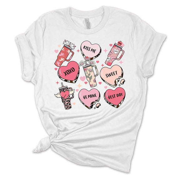 Womens Tumbler Tshirt Valentines Day Sweet Heart Cups Short Sleeve T-shirt-White-large