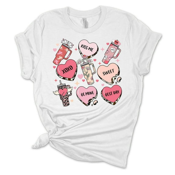 Womens Tumbler Tshirt Valentines Day Sweet Heart Cups Short Sleeve T-shirt-White-xl