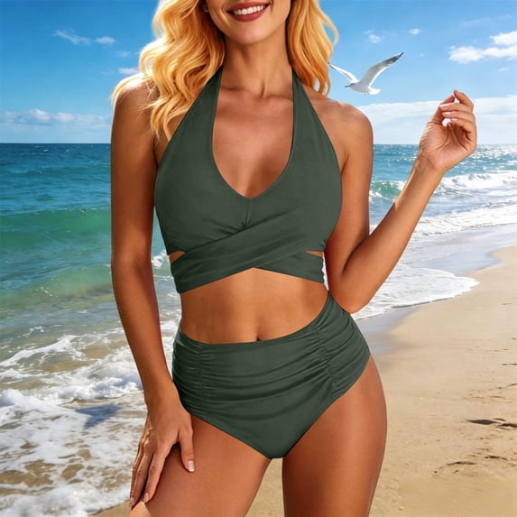 Womens Tummy Control Bathing Suits Modest Bikini Sets Twist Front Two Piece High Waisted Halter Bikini Sets (Green XL)