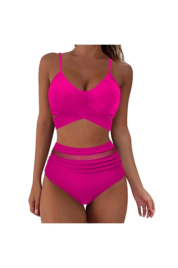 Womens Tummy Control Bathing Suits Modest High Waisted Bikini Sets 2 Piece Swimsuit 2025 High Cut Swimwear Hot Pink XL