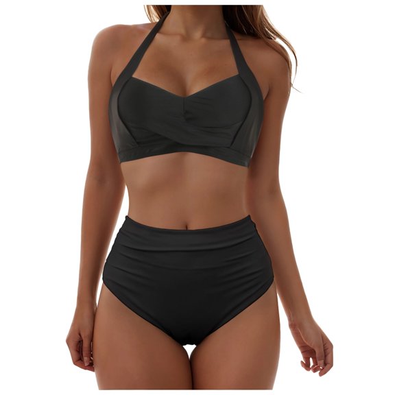Womens Tummy Control Bathing Suits Modest High Waisted Bikini Sets Cute Halter 2 Piece Swim Suit 2024 One Piece Swimsuits For Women Black XXL