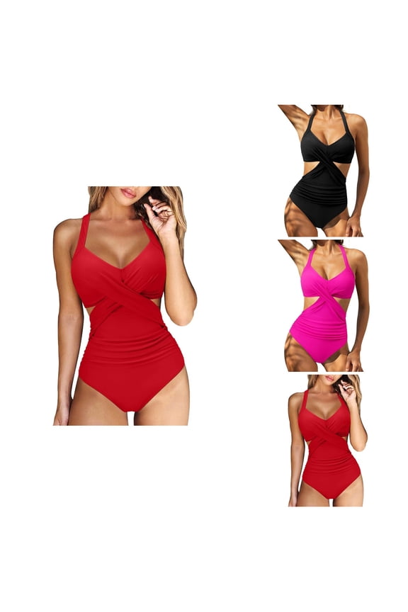 Womens Tummy Control High Waisted One Piece Swimsuit with Front Cross Cut-Out and Wrap Tie Back Monokini Bathing Suit