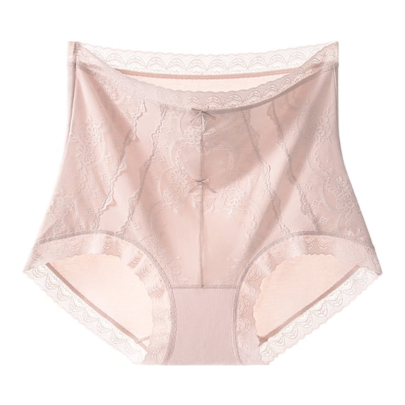 Womens Tummy Control High Waisted Underwear Seamless Panties Breathable Lace Trim Nylon Spandex Pink,Size L