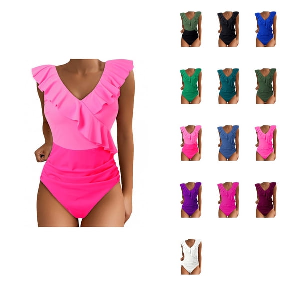 Womens Tummy Control One Piece Swimsuit - Cute Bathing Suit with Ruffle V-Neck Swimwear