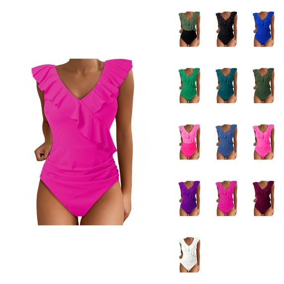 Womens Tummy Control One Piece Swimsuit - Cute Bathing Suit with Ruffle V-Neck Swimwear