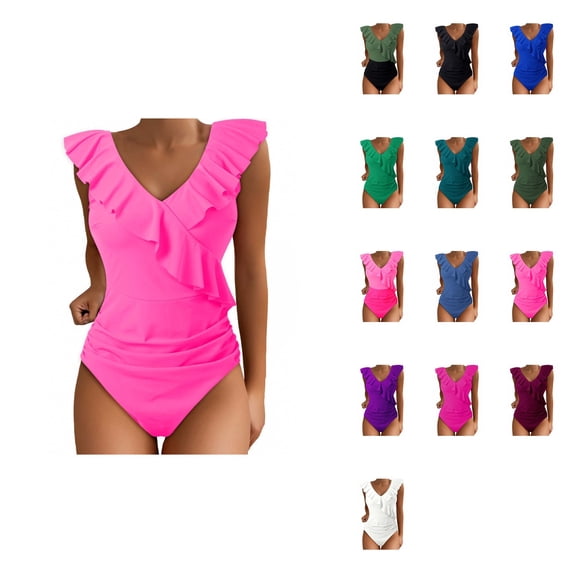 Womens Tummy Control One Piece Swimsuit - Cute Bathing Suit with Ruffle V-Neck Swimwear