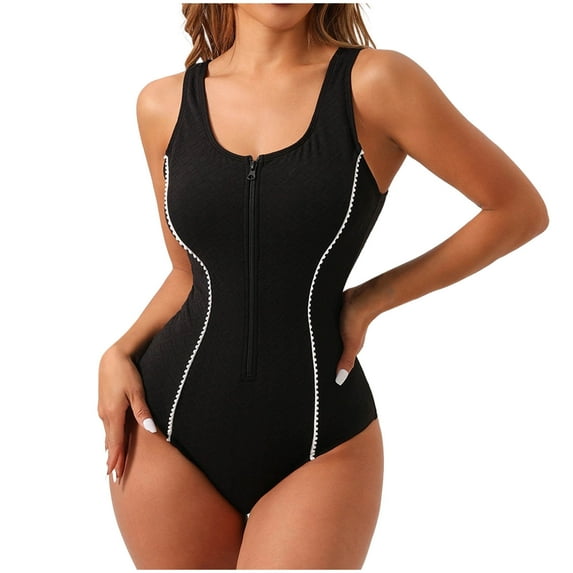 Womens Tummy-Control Siwmsuits One Piece Zipper Front Closure Swimming Suits Sexy Low Back Athletic Tankini Swimwear Black, M