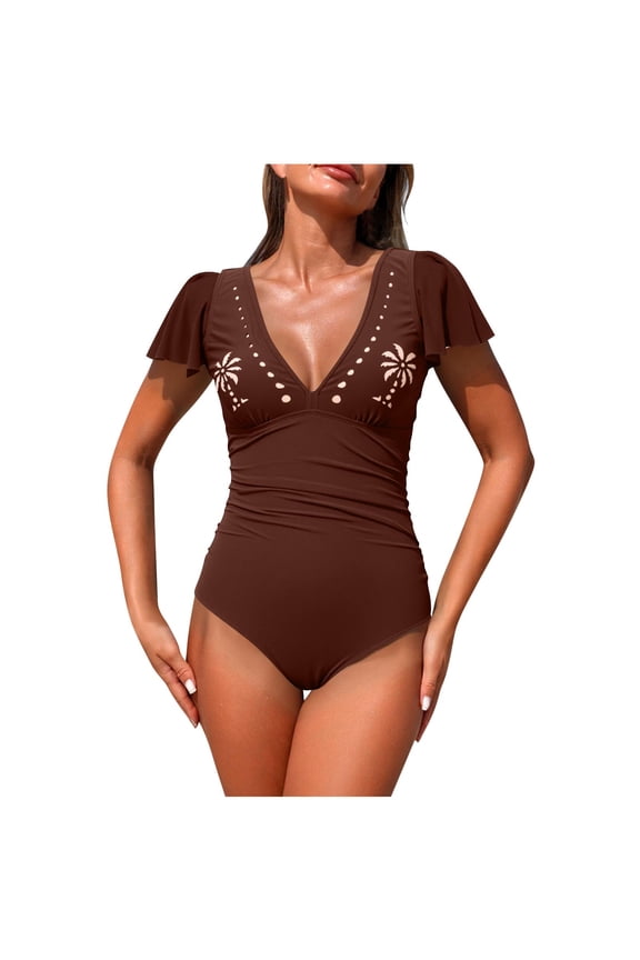 Womens Tummy Control Swimsuit Deep V Neck Short Sleeve One Piece Bathing Suits Slimming Ruffle Swimwear