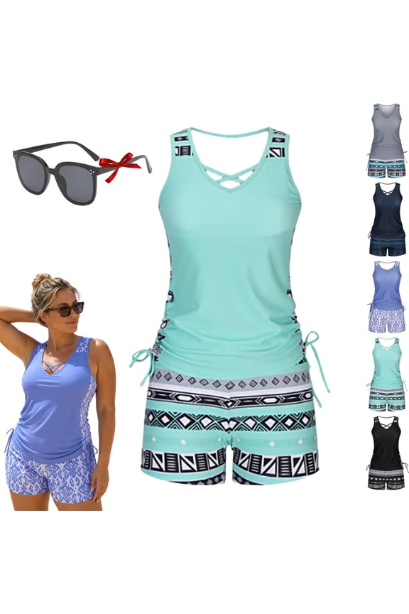Womens Tummy Control Tankini Swimsuit, Two Piece Conservative Bathing Suit with Built In Support Bra
