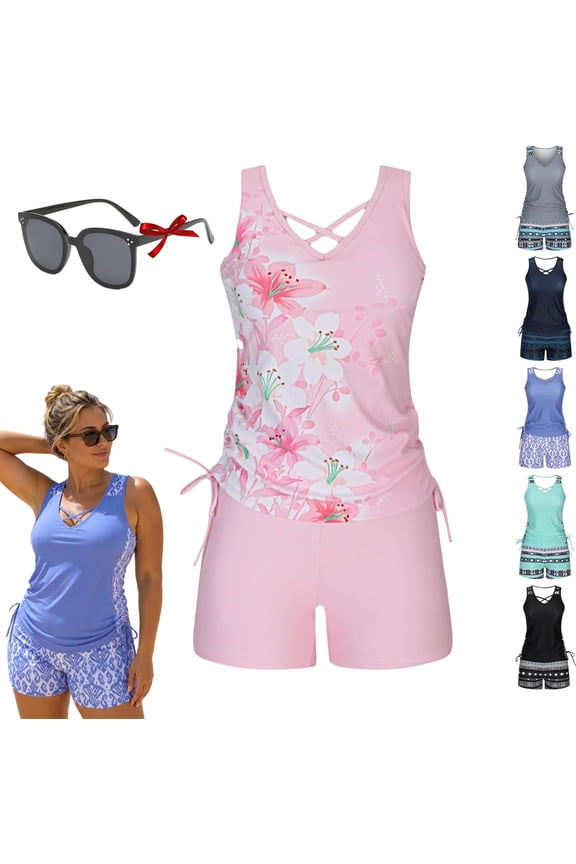Womens Tummy Control Tankini Swimsuit, Two Piece Conservative Bathing Suit with Built In Support Bra