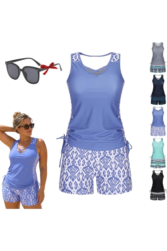 Womens Tummy Control Tankini Swimsuit, Two Piece Conservative Bathing Suit with Built In Support Bra
