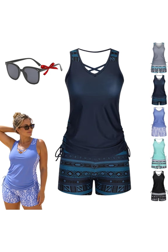Womens Tummy Control Tankini Swimsuit, Two Piece Conservative Bathing Suit with Built In Support Bra