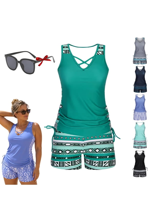 Womens Tummy Control Tankini Swimsuit, Two Piece Conservative Bathing Suit with Built In Support Bra