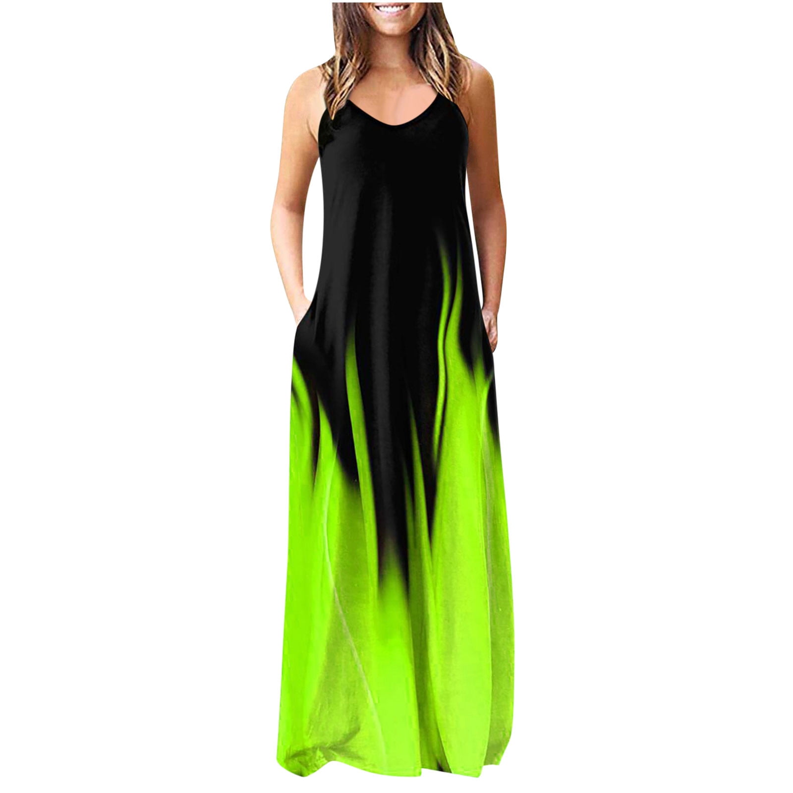 Womens Tunic Cami Maxi Dresses Casual Sleeveless V Neck Tie Dye