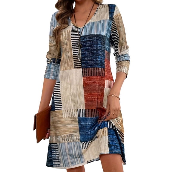 Womens Tunic Dress 3/4 Sleeve V Neck Casual Spring Summer Dresses Beach Vacation Loose Clothes