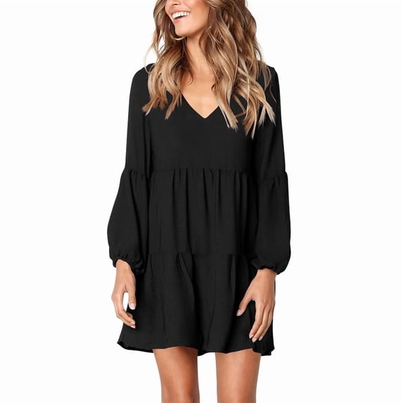 Womens Tunic Dress Long Sleeve V Neck Casual Loose Flowy Swing Shift Dresses Black L
