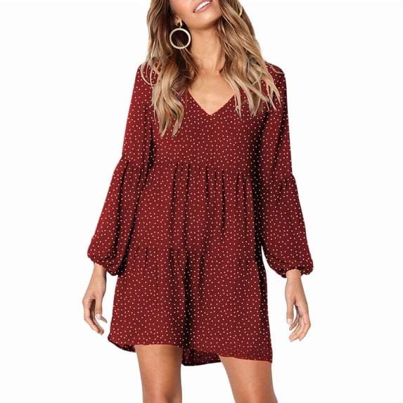 Womens Tunic Dress Long Sleeve V Neck Casual Loose Flowy Swing Shift Dresses Red Polka Dots M