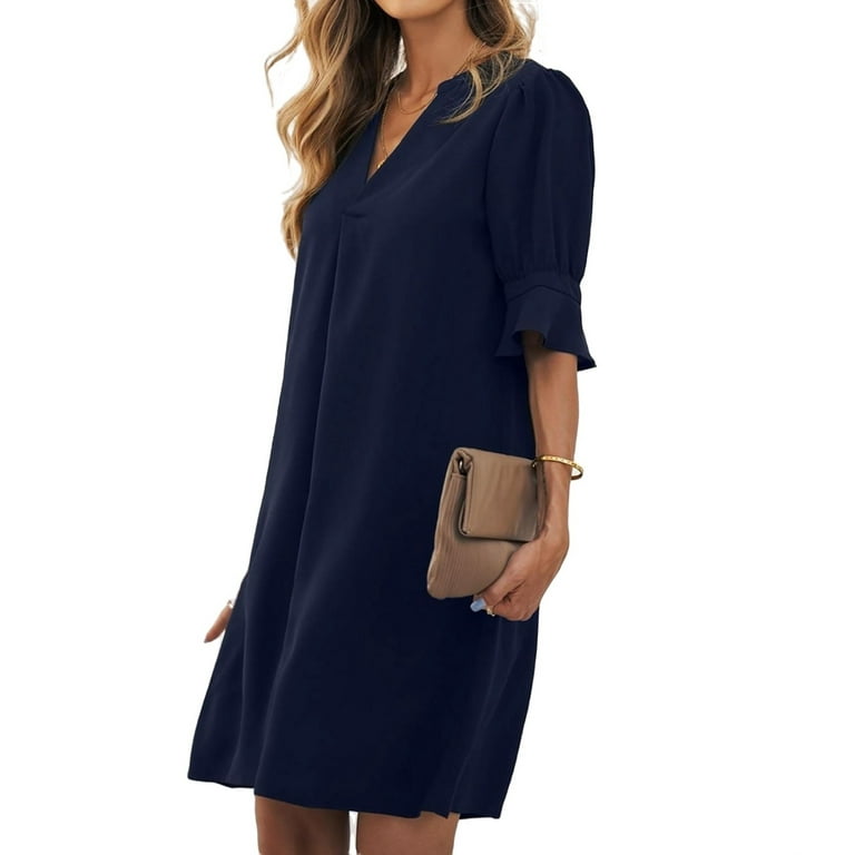 Casual Solid Flounce V Neck Straight Dresses Casual Solid Flounce V Neck Straight Dresses