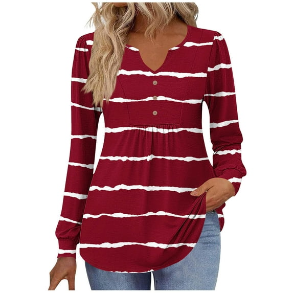 Womens Tunic Shirt Striped Print Top Casual V-Neck Ruched Long Sleeve Blouse Trendy Button Up Balloon Sleeve Pullovers For Leggings 2025 Fall Clothing