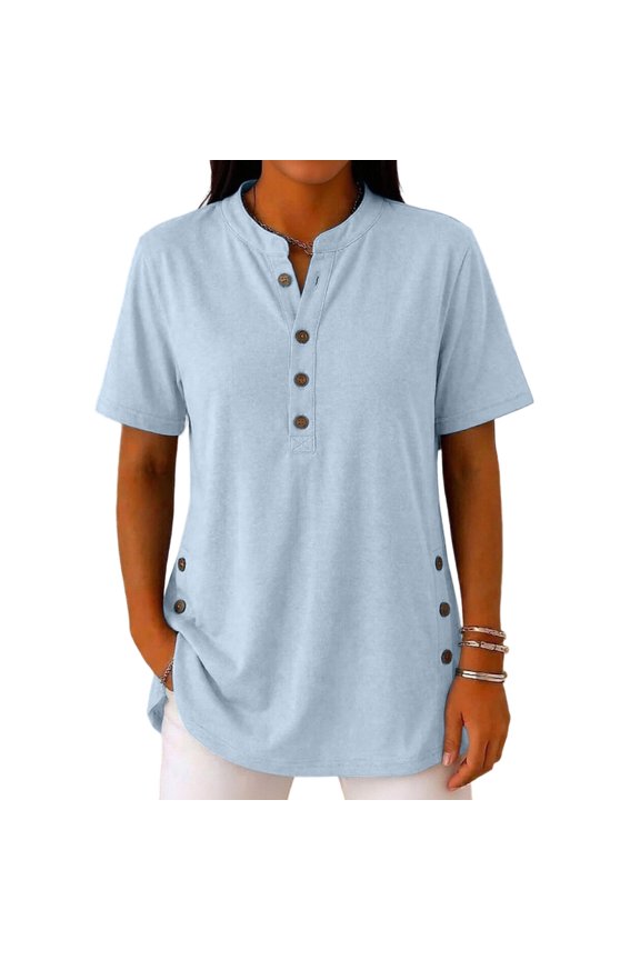 Womens Tunic Shirts Button Up V Neck Short Sleeve Blouses Side Split Button Casual Pullover Tunics Loose Tops,2XL