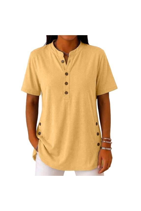 Womens Tunic Shirts Button Up V Neck Short Sleeve Blouses Side Split Button Casual Pullover Tunics Loose Tops,3XL