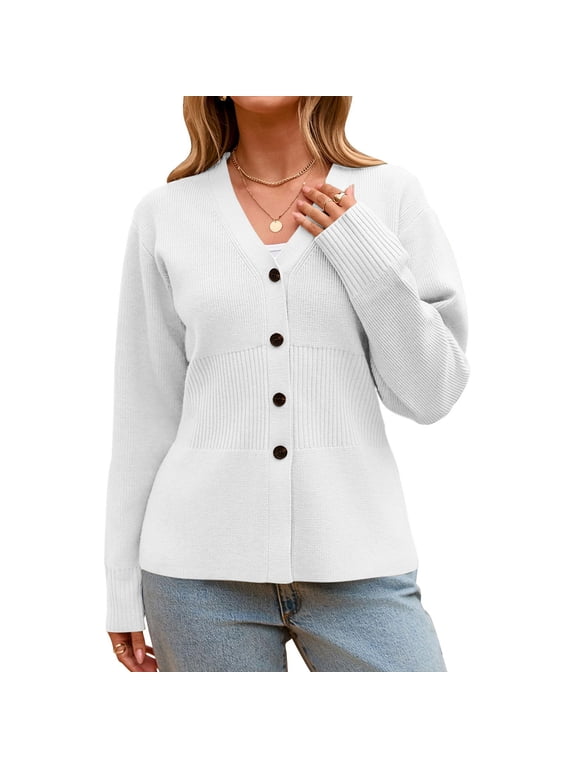 Womens Tunic Sweater Cardigans Button Up Long Sleeve Knitted Jacket Solid Color Casual Fashion Fall Outwear (L, White)
